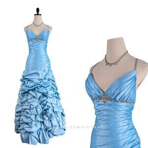 Y2K Mori Lee Prom Dress Maxi Gown 8 Blue Fairy Princess Cinderella Pleats Empire